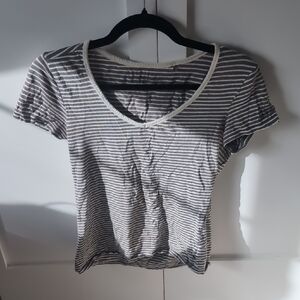 Toad&Co Charcoal and White Striped Short Sleeve Tee